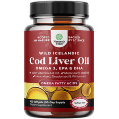Natures Craft Icelandic cod liver oil softgels bottle shown for heart and joint support.