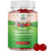 Natures Craft kids vitamin D gummies bottle closeup highlighting berry flavor and daily use.