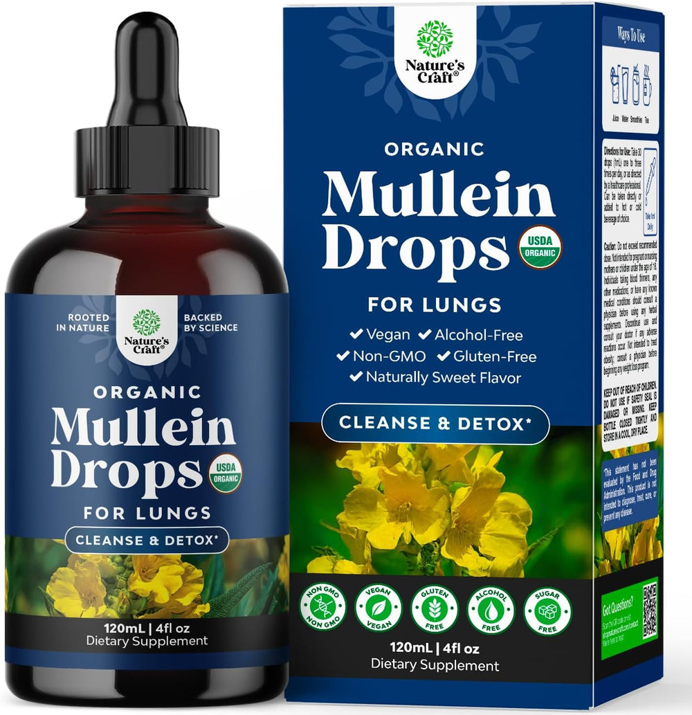 Natures Craft Mullein Drops bottle 120ml promotes respiratory clarity with organic ingredients.