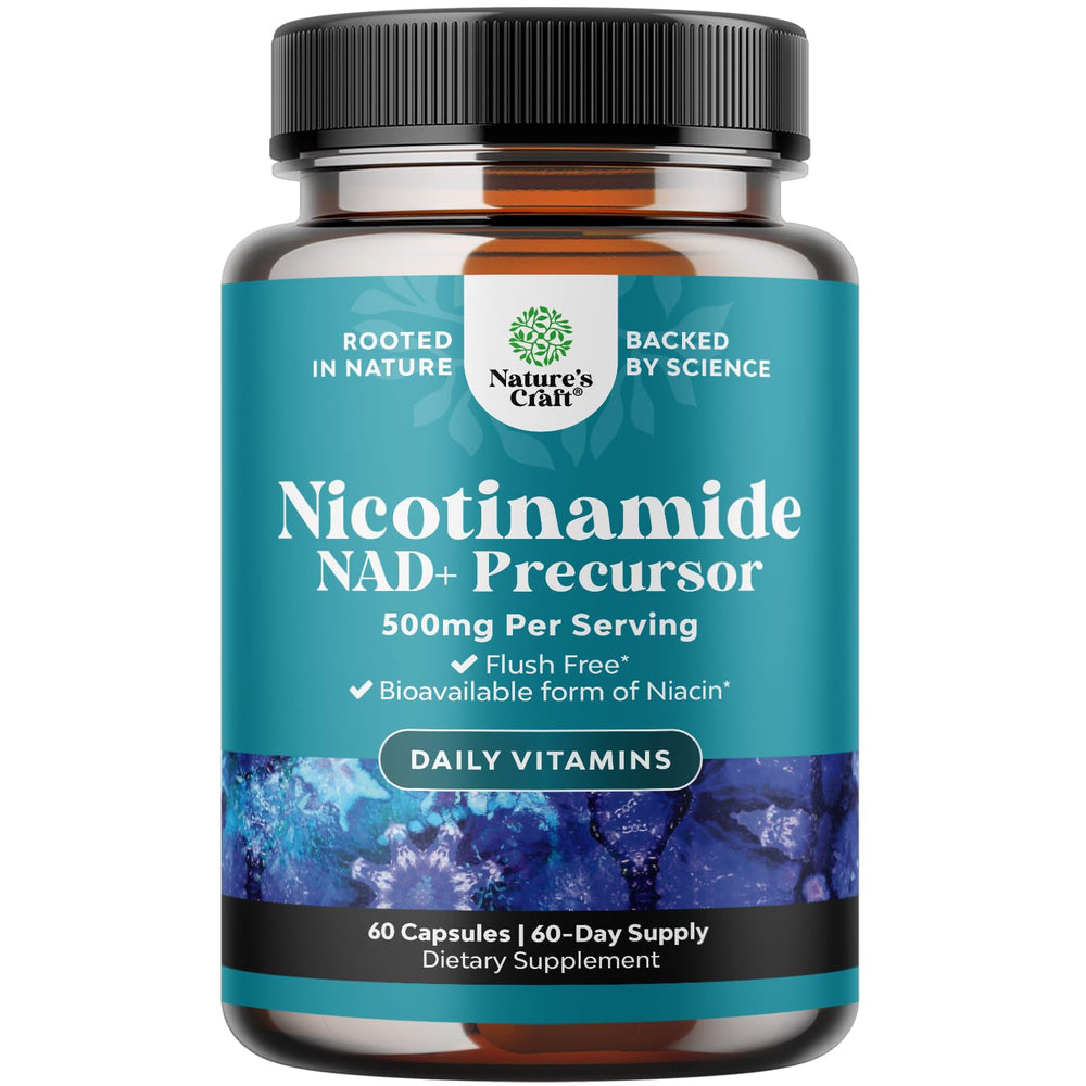 Natures Craft Niacinamide 500mg capsules on white background for skin support