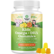 Natures Craft Omega DHA Kids bottle showing plant-based gummies for healthy development.