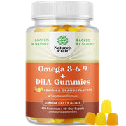 Natures Craft Omega 3 Gummies bottle shows vegetarian formula for brain and heart support.