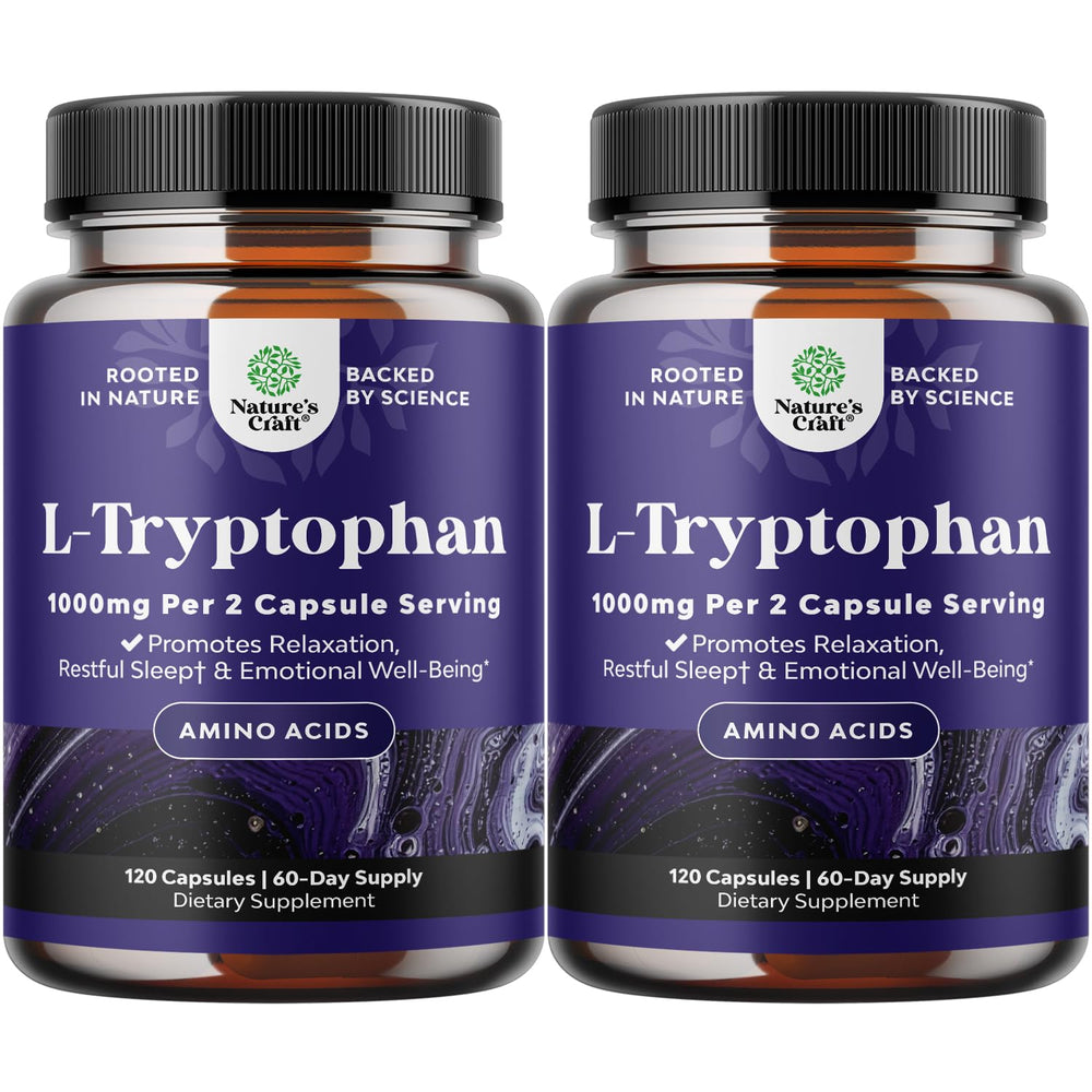 Natures Craft Pure L-Tryptophan 1000mg capsules label closeup highlighting purity