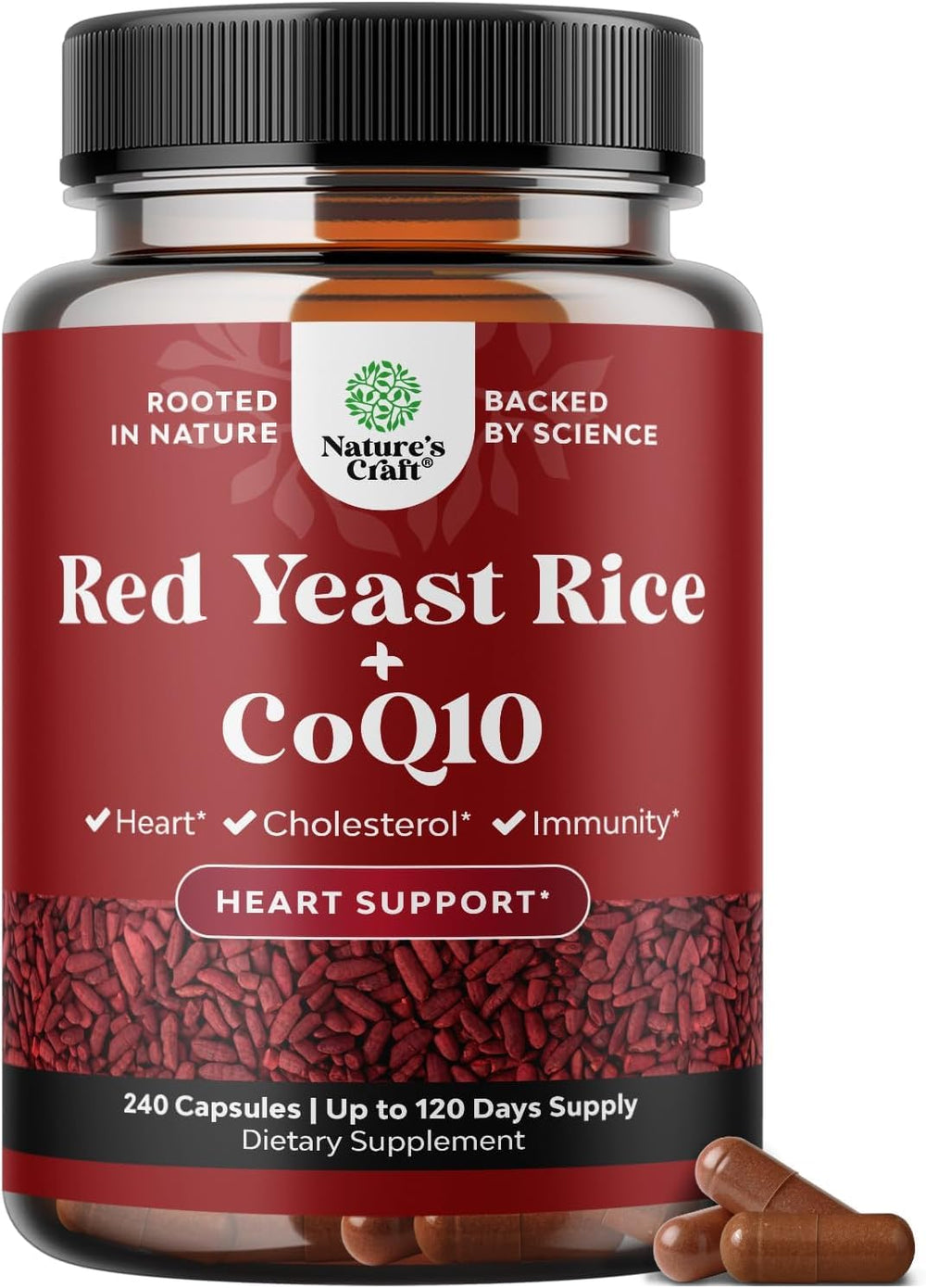 Natures Craft red yeast rice with CoQ10 bottle for daily cardiovascular support.