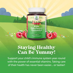 Label highlights elderberry and vitamins on Natures Craft kids gummies.