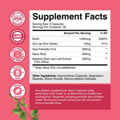 Natures Craft label closeup on saw palmetto capsules with maca and biotin ingredients