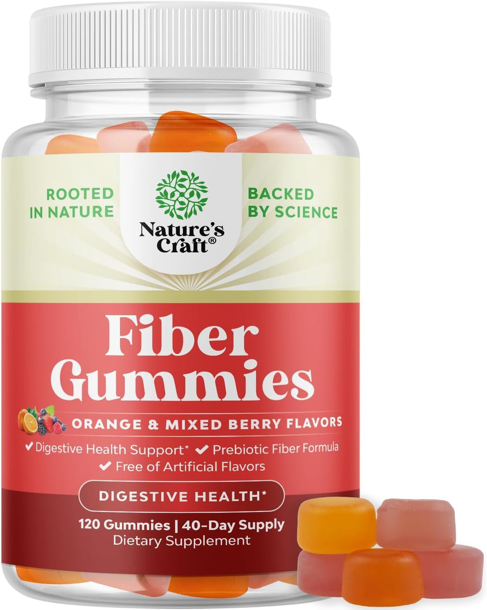 Nature's Craft prebiotic fiber gummies for adults in a bottle front highlight a tasty gut health option.