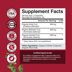 Natures Craft Triphala capsules close-up showing easy-to-swallow vegan capsules