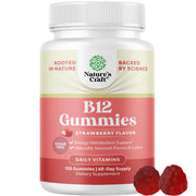 Natures Craft Vitamin B12 Gummies bottle shows energy-boosting formula for adults.