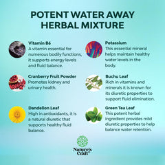 Natures Craft Water Away green tea leaves highlight natural detox support.