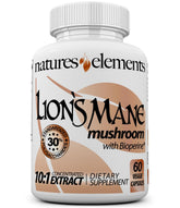 Natures Elements Lion's Mane bottle front with premium extract for focus support.