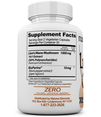 Natures Elements Lion's Mane label close-up highlighting potency and polysaccharide standard.