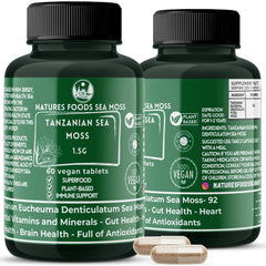 Natures Foods Sea Moss Capsules bottle showing Tanzanian sea moss for daily wellness