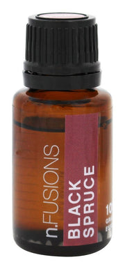 Nature's Fusions Black Spruce essential oil bottle, ideal for baths to refresh tired muscles.