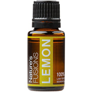 Nature's Fusions Lemon essential oil bottle pour highlighting refreshing citrus aroma for mood lift