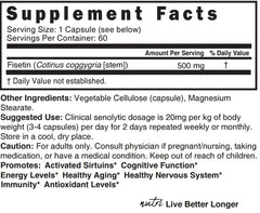 Nature's Fusions Nutri Fisetin 500mg label close-up for ingredient transparency.