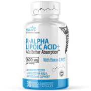 Nature's Fusions Nutri R Alpha Lipoic Acid bottle front label shows 600 mg dose for energy support.
