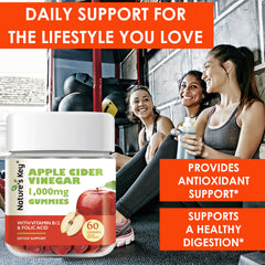 Nature's Key ACV gummies bottle close-up shows natural ingredients and tasty flavor