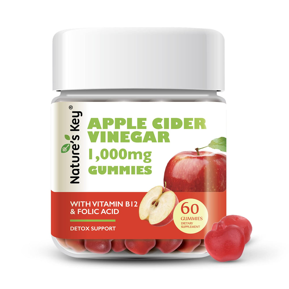 Nature's Key ACV gummies bottle label highlights vegan, high-strength formula for daily wellness