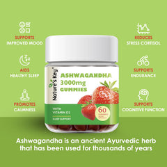 Nature's Key Ashwagandha Gummies ingredients panel showcases gluten-free and no artificial additives.