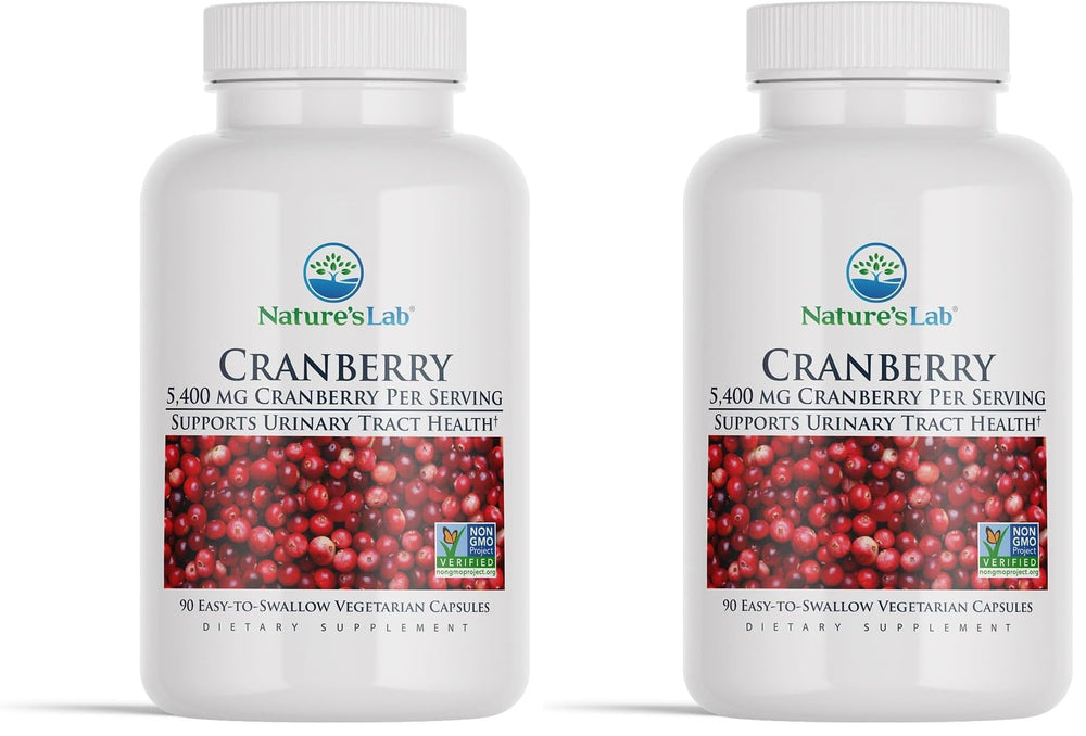 Nature's Lab Cranberry 5400mg pack shot shows vegan, gluten-free urinary health support benefits.