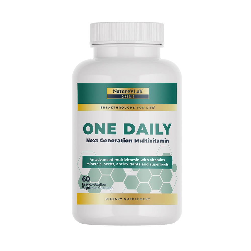 Nature's Lab Gold One Daily bottle close-up highlighting daily vitality.