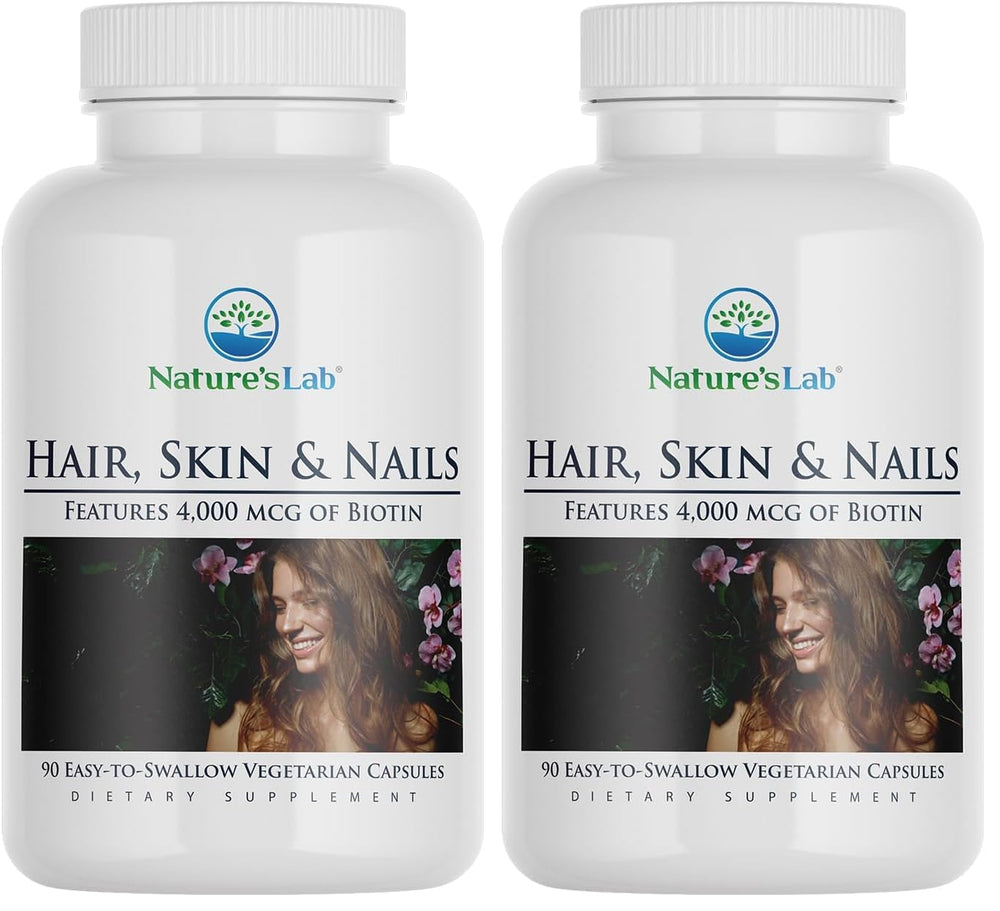 Nature's Lab bottle front highlighting the hair, skin and nails formula for daily support.