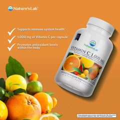 Nature's Lab Vitamin C 1000mg bottle side highlights per-pack convenience