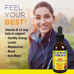 Nature's Life B-12 Drops bottle side highlights sugar-free formula.