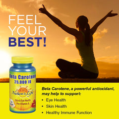 Nature's Life Beta Carotene label shows 25,000 IU per serving.