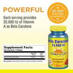 Closeup of Nature's Life Beta Carotene softgels for antioxidant support.