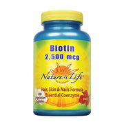 Nature's Life Biotin 2500mcg bottle label close-up for hair and nails support
