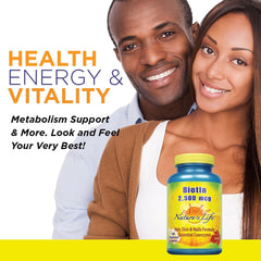 Nature's Life Biotin 2500mcg bottle with capsules, symbolizing metabolism support