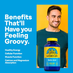 Close-up of Nature's Life Malic Acid 800 mg vegetarian tablets.