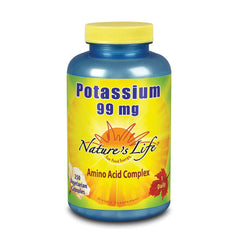 Nature's Life Potassium 99 mg bottle label, supports normal muscle function and fluid balance