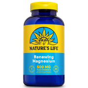 Nature's Life Renewing Magnesium bottle label highlights 500 mg potency for muscles.