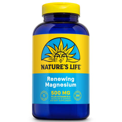 Nature's Life Renewing Magnesium bottle label highlights 500 mg potency for muscles.