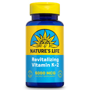 Nature's Life Revitalizing Vitamin K2 MK4 bottle front displays high-potency 5000 mcg MK4 for bone support