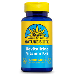 Nature's Life Revitalizing Vitamin K2 MK4 bottle front displays high-potency 5000 mcg MK4 for bone support