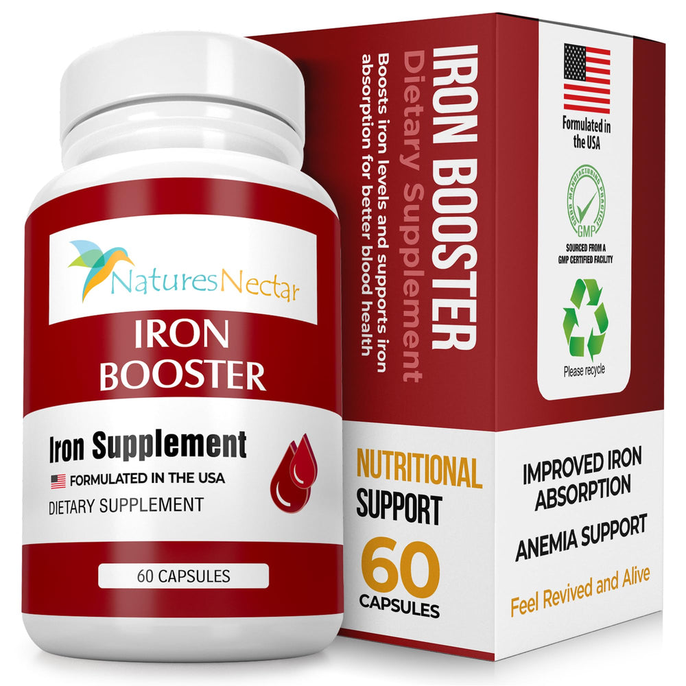 Nature's Nectar Blood Builder bottle front shows the iron supplement for daily support.