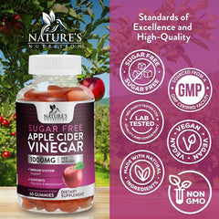 Nature's Nutrition gummies bottle beside box highlighting vegan and sugar-free formula.