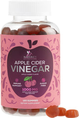 Nature's Nutrition Apple Cider Vinegar Gummies bottle on kitchen counter for daily energy.