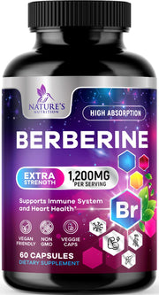 Frasco de Nature's Nutrition Berberina HCL Blend para uso diario y bienestar.