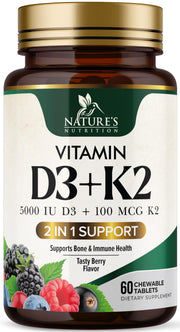 Nature's Nutrition berry flavored D3 K2 chewable tablet for easy daily bone support