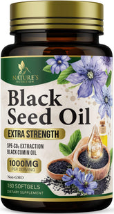 Nature's Nutrition Black Seed Oil Capsules 1000mg front view bottle highlights premium softgels for daily wellness