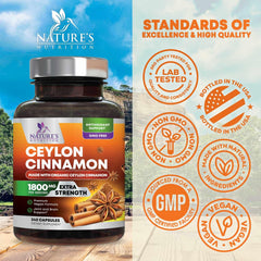 Label detail on Nature's Nutrition Organic Ceylon Cinnamon with organic certification marks