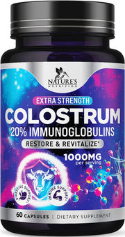 Nature's Nutrition Colostrum bottle showcases a premium supplement for gut and immune support.