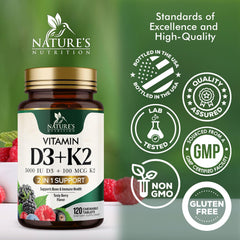 Nature's Nutrition D3 K2 berry flavor chewables for daily wellness.