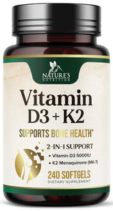 Nature's Nutrition D3K2 softgels bottle on table highlighting bone support potential.