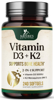 Nature's Nutrition D3K2 softgels bottle on table highlighting bone support potential.